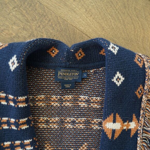 Pendleton Navy and Brown Fringed Cotton Wool Blend Cardigan Women's Size Large‎ - Picture 6 of 10